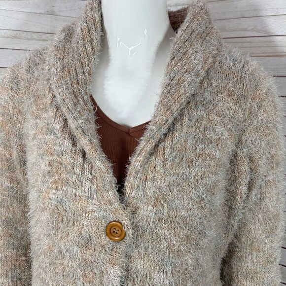 Gimmicks‎ by BKE Eyelash Yarn Lace Trim Cardigan Sweater Tan Multi Small - Picture 7 of 16